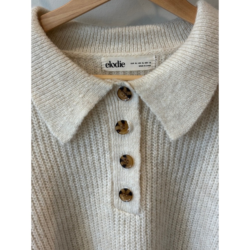 Elodie Cream Ribbed Knit Collared Button Up Sweater with Tortoise Buttons - Picture 3 of 5
